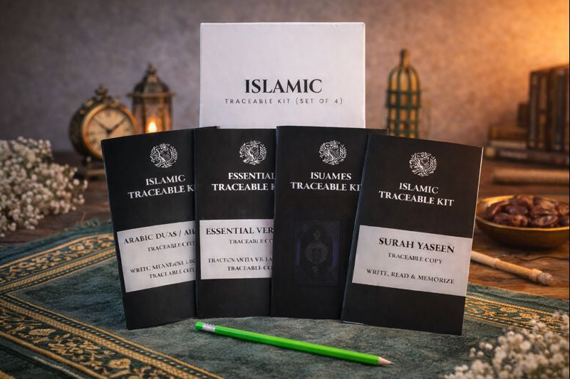 Islamic Traceable Kit with black books and white labels on a textured surface.